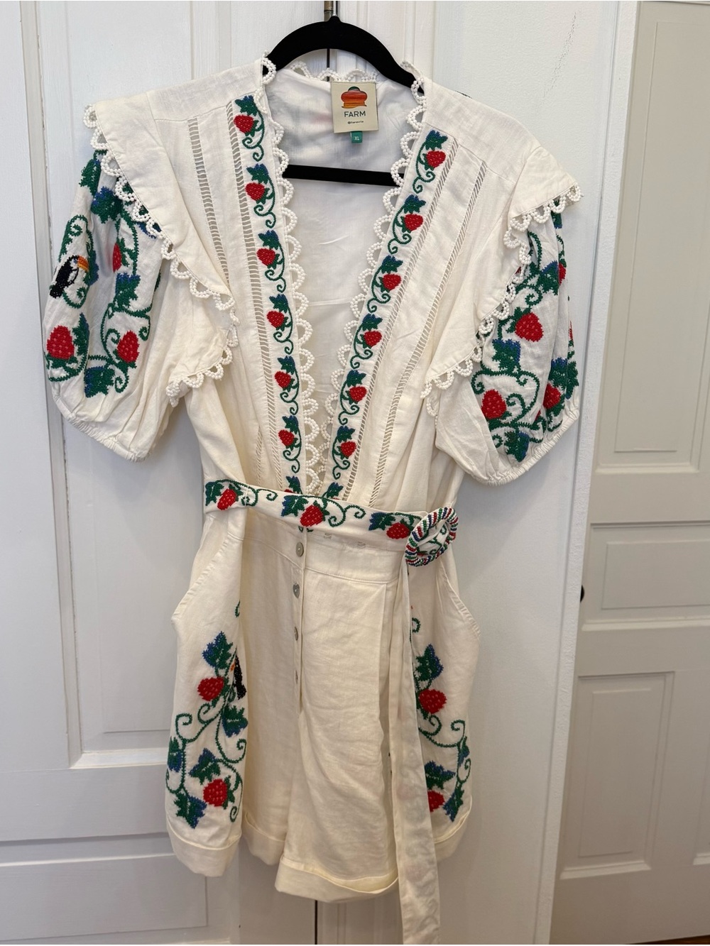 Farm Rio White Embroidered Strawberry Romper